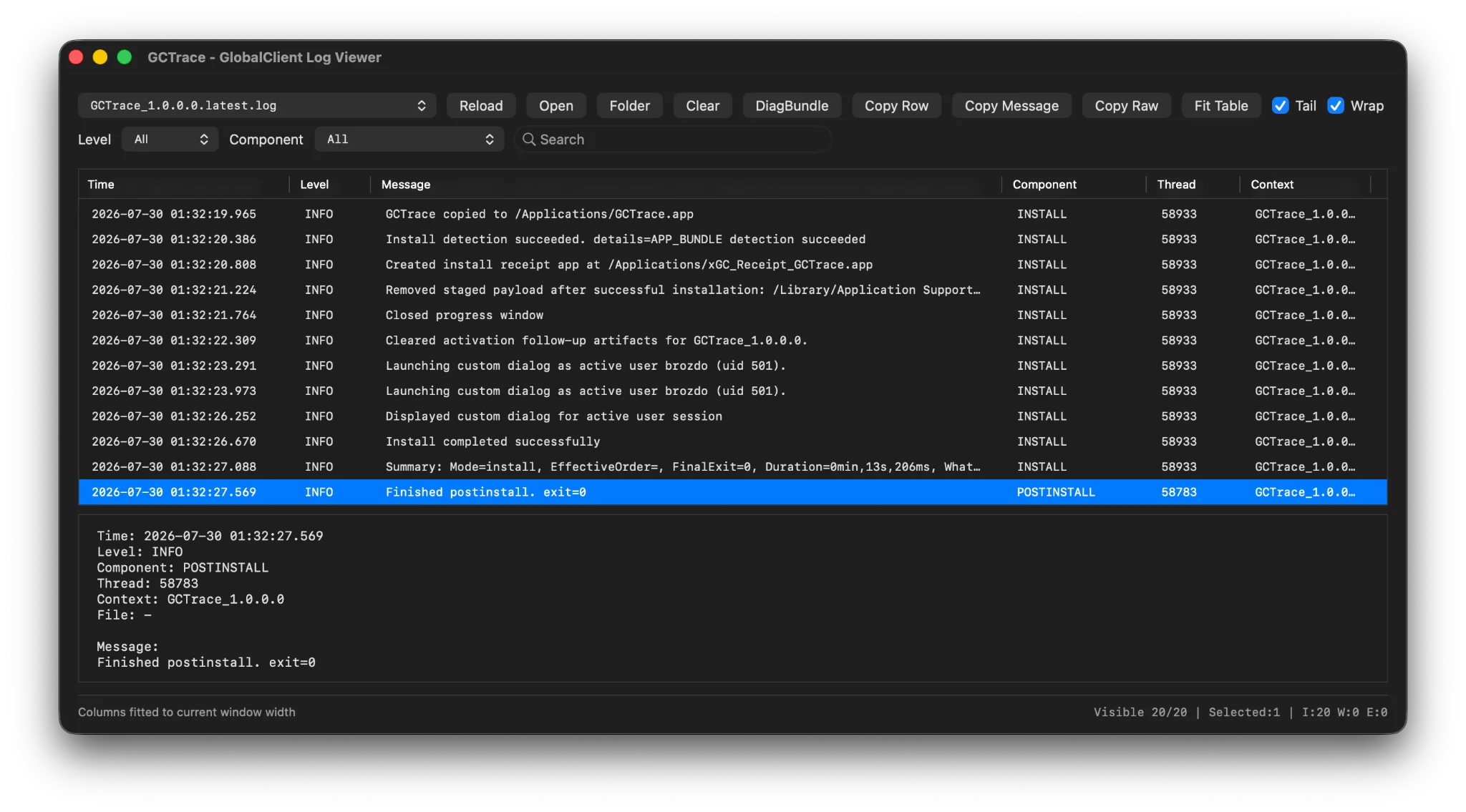 GCTrace log viewer showing structured AppWrapper installation logs, filters and diagnostic bundle controls