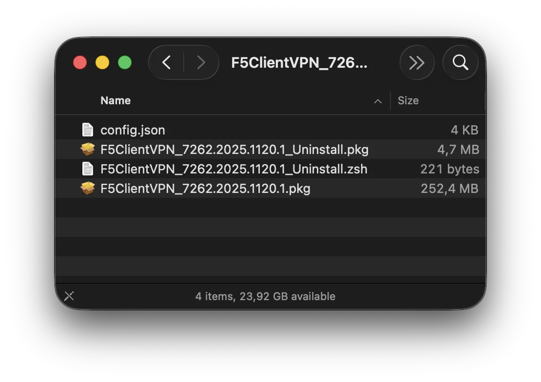 Finder showing AppWrapper generated install package, uninstall package, uninstall script and config file