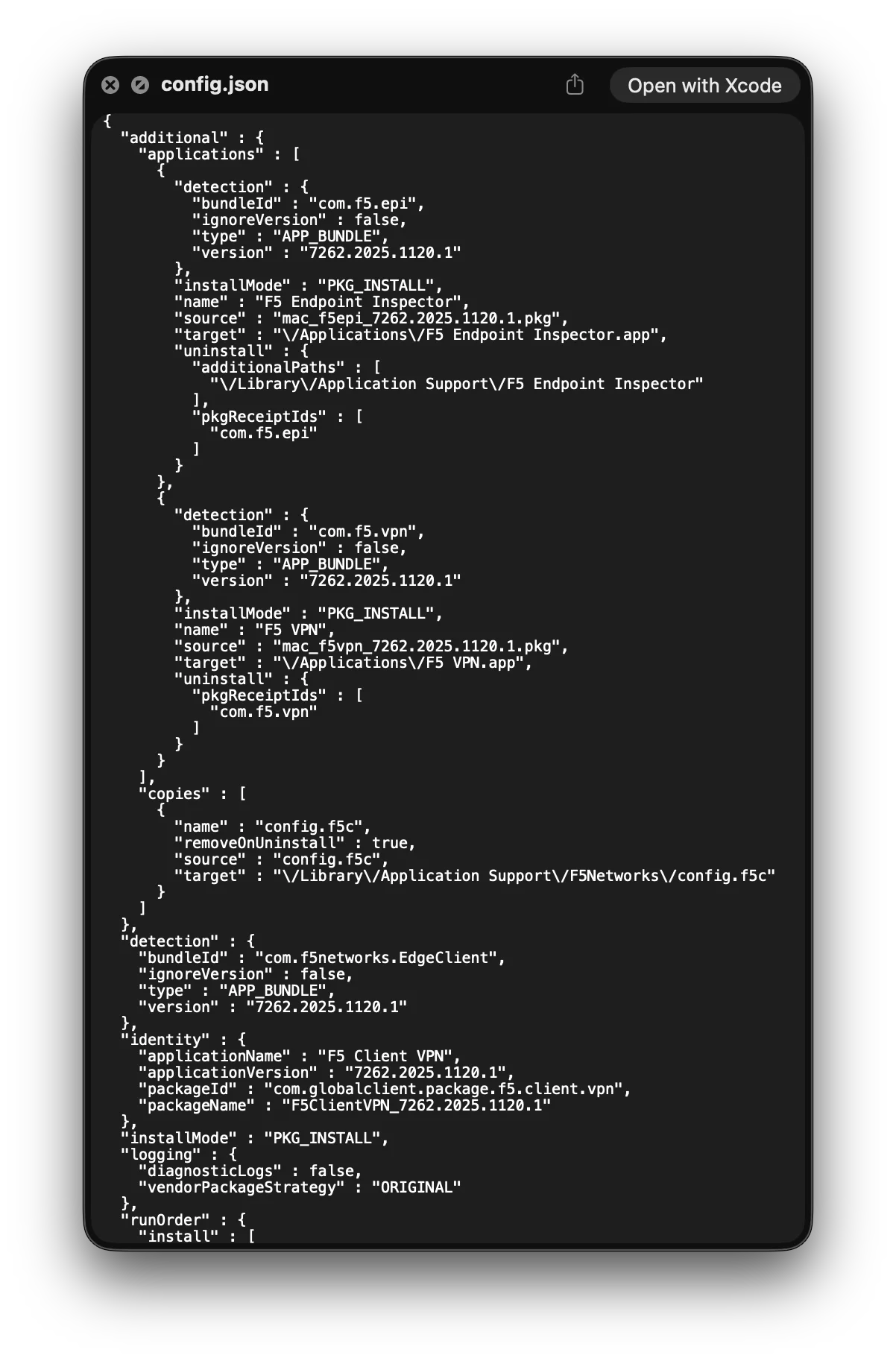 AppWrapper config JSON with detection, install, uninstall and copy actions