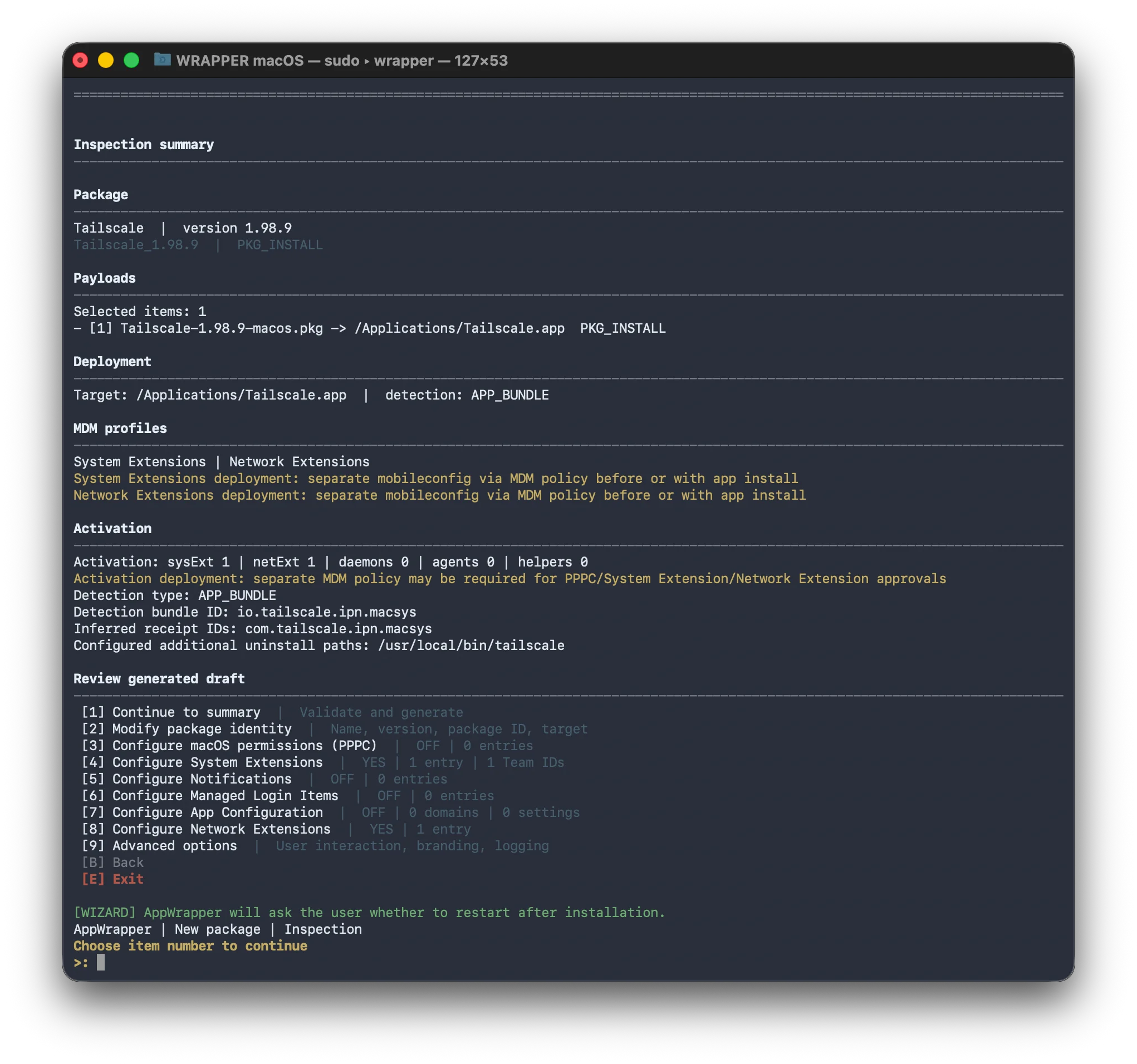 AppWrapper project review showing payloads, deployment mode and macOS policy options