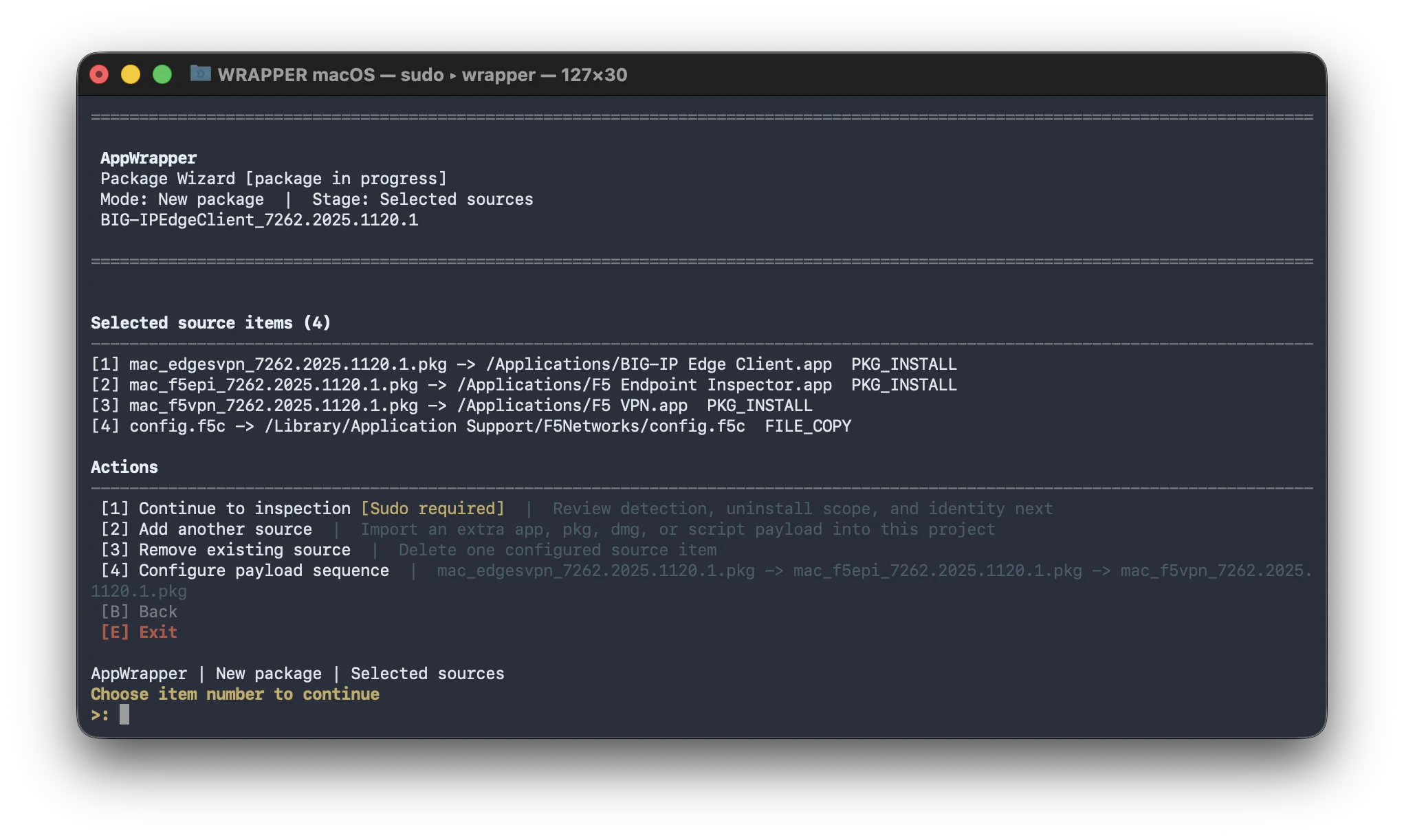 AppWrapper selected source items for a multi-application package