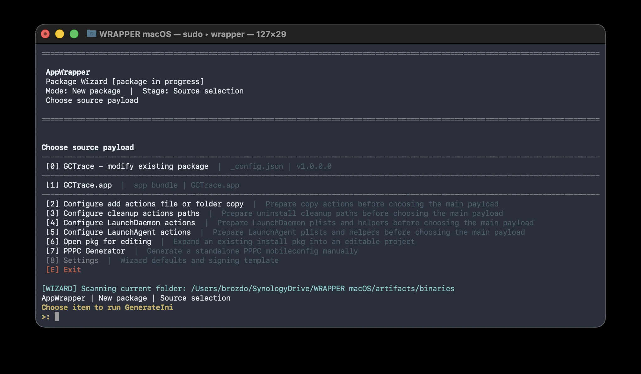 AppWrapper terminal package wizard showing source selection and package actions